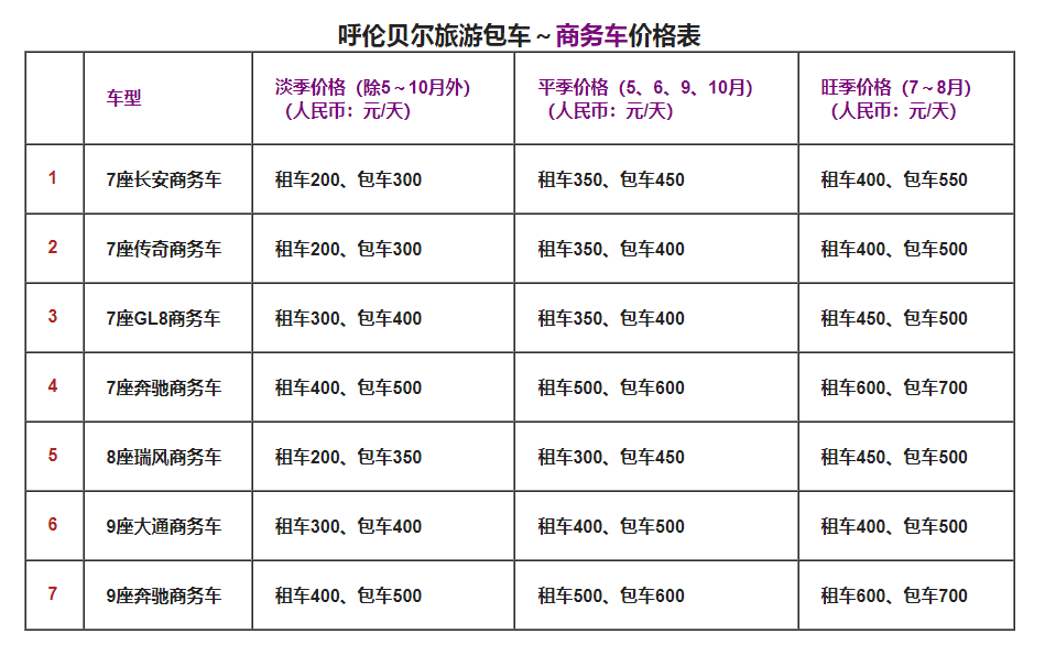 呼伦贝尔包车旅游商务车价格表