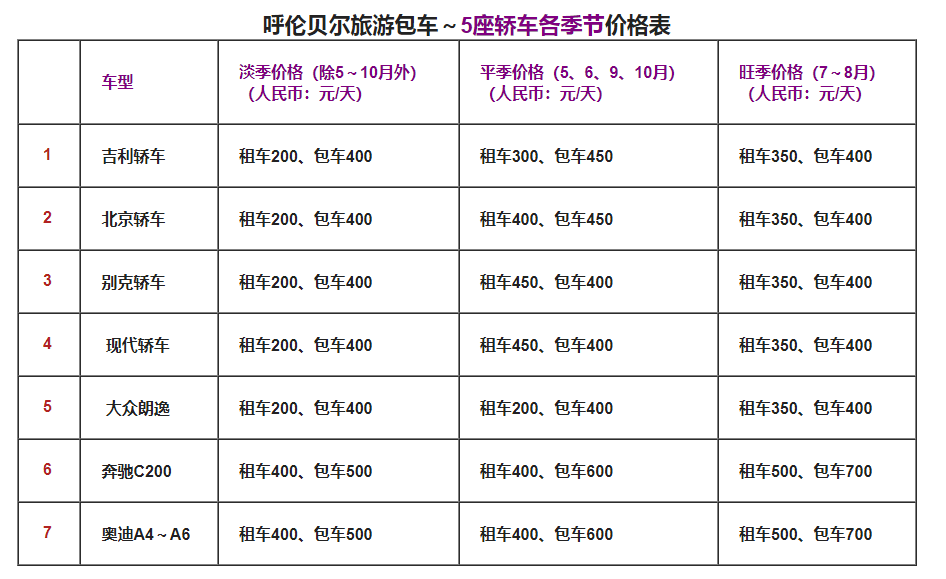 呼伦贝尔包车旅游商务车价格表